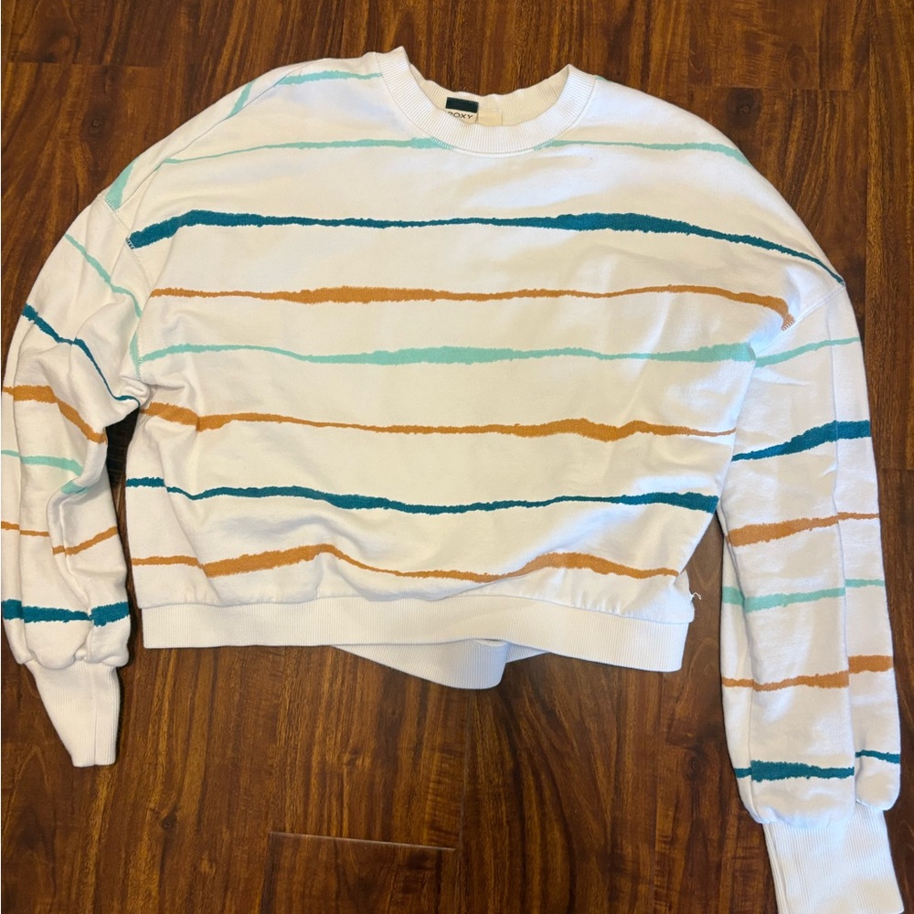 Roxy Striped Cropped Crewneck Sweatshirt - White with Teal, Aqua & Camel Stripes